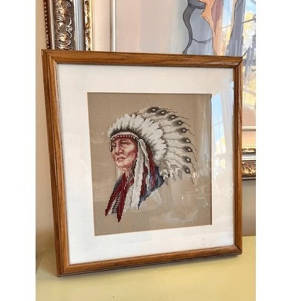 Vintage Hollow Horn Bear Cross Stitch Framed Native American Portrait 1992 15x15